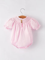 Rylee Faith Designs White Bow Smock Embroidered Pink Romper - 