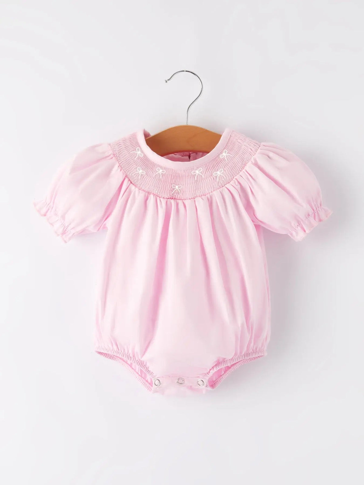 Rylee Faith Designs White Bow Smock Embroidered Pink Romper - 