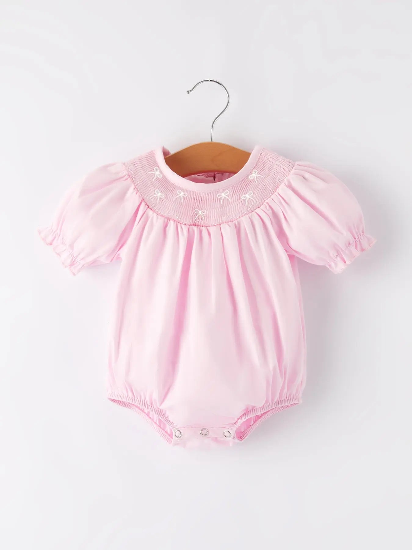 Rylee Faith Designs White Bow Smock Embroidered Pink Romper - 