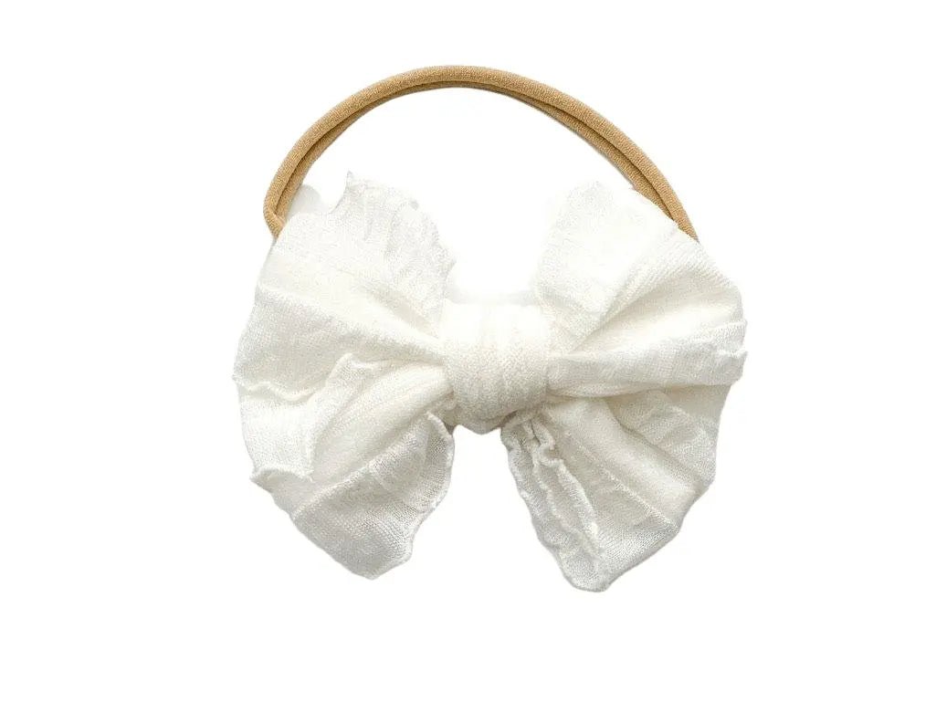Harp Angel Boutique White Chiffon Bow Headband with Stretchy Nylon for Newborns to Toddlers - 