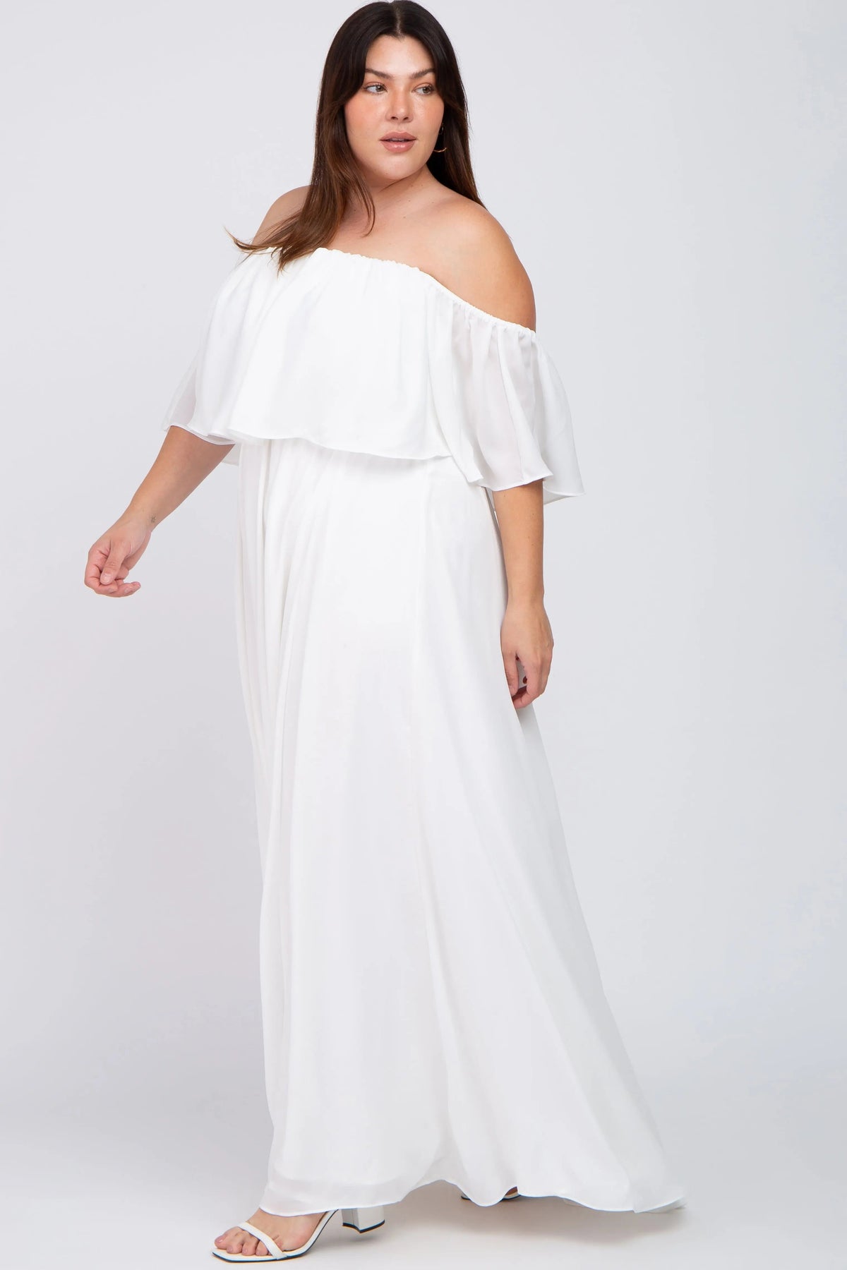 PinkBlush White Chiffon Off Shoulder Plus Gown - 