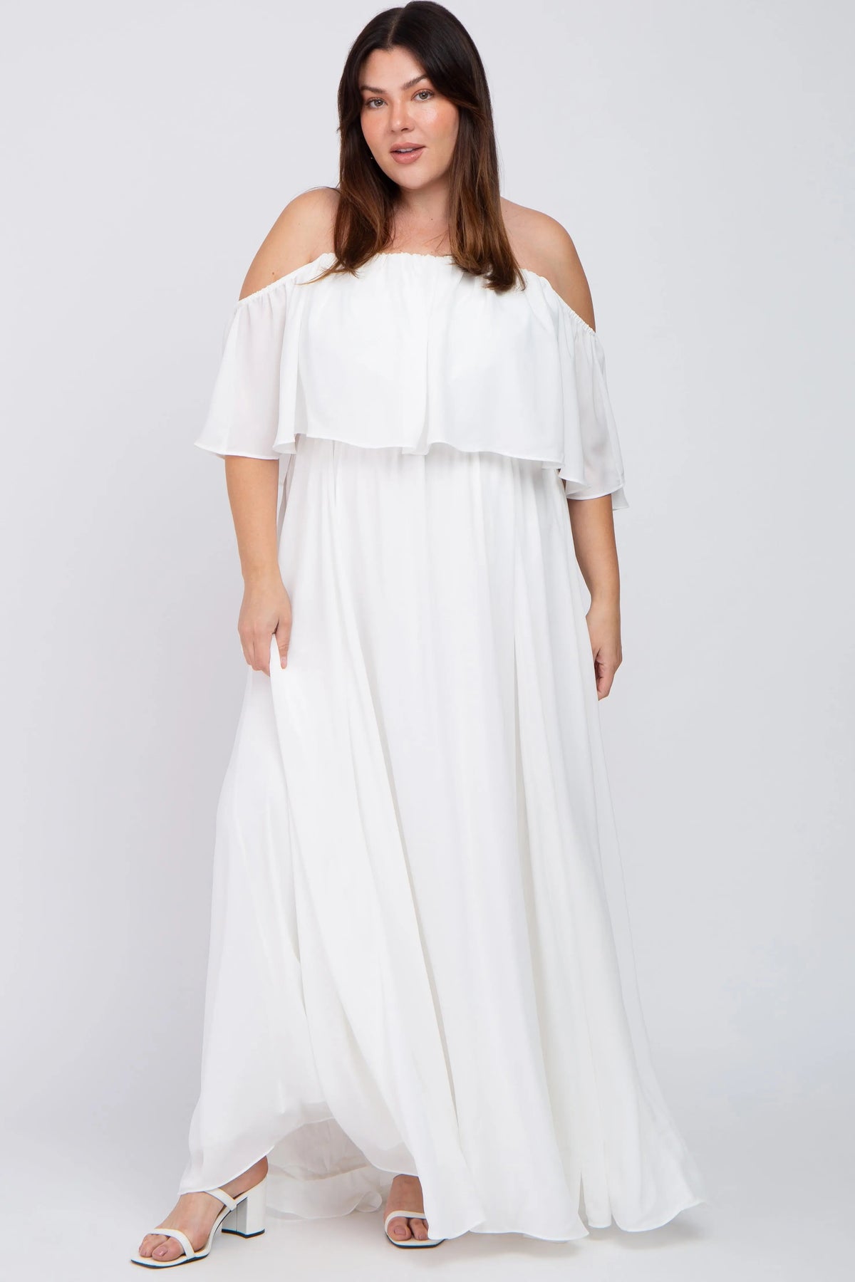 PinkBlush White Chiffon Off Shoulder Plus Gown - 