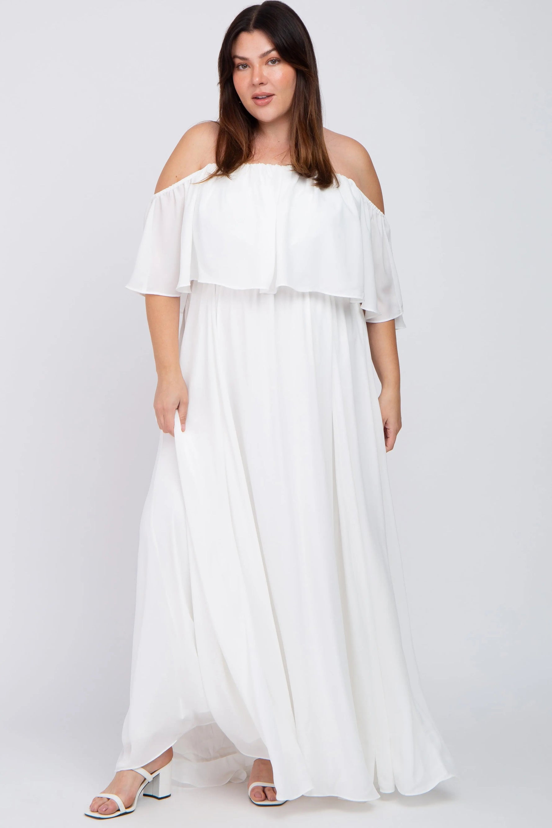 PinkBlush White Chiffon Off Shoulder Plus Gown - 