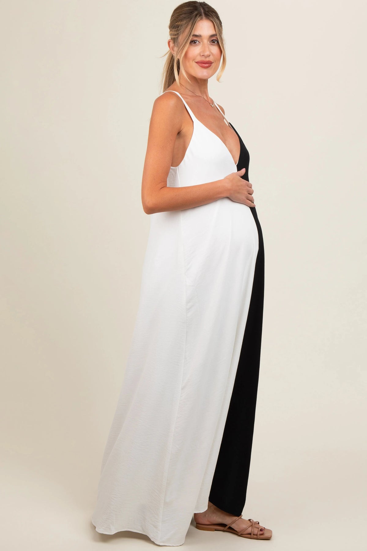 PinkBlush White Color Blocked V - Neck Maternity Maxi Dress - 