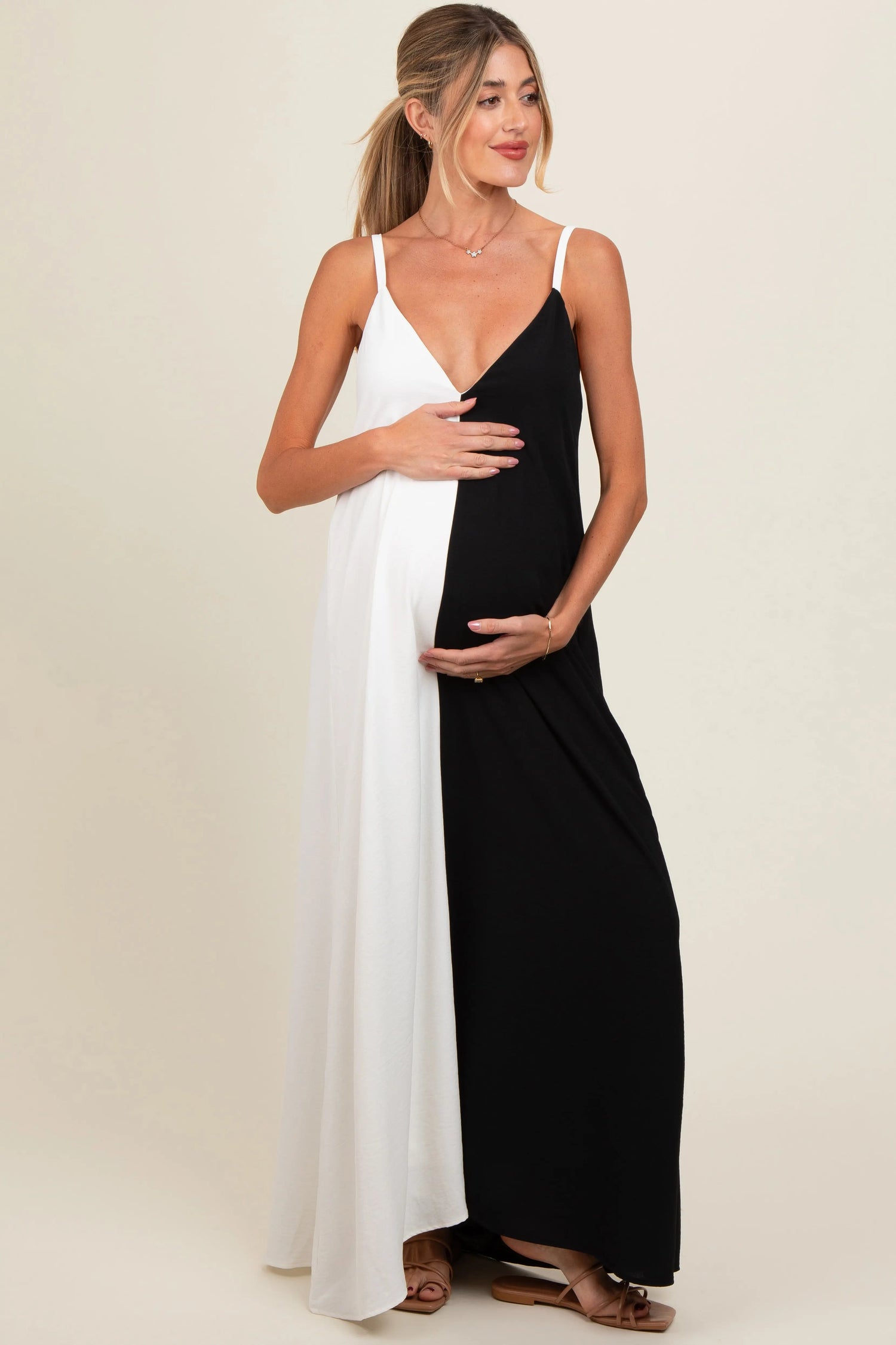 PinkBlush White Color Blocked V - Neck Maternity Maxi Dress - 