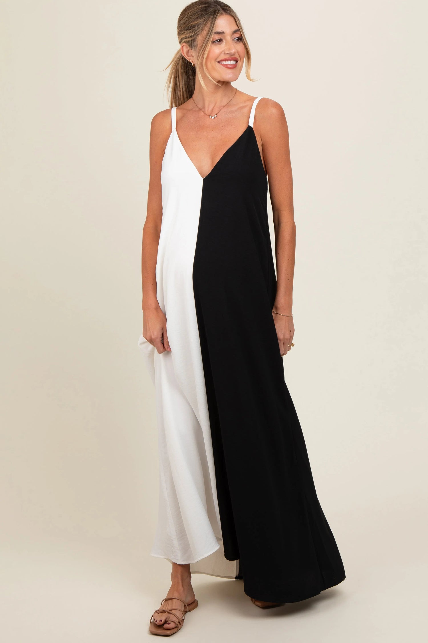 PinkBlush White Color Blocked V - Neck Maternity Maxi Dress - 