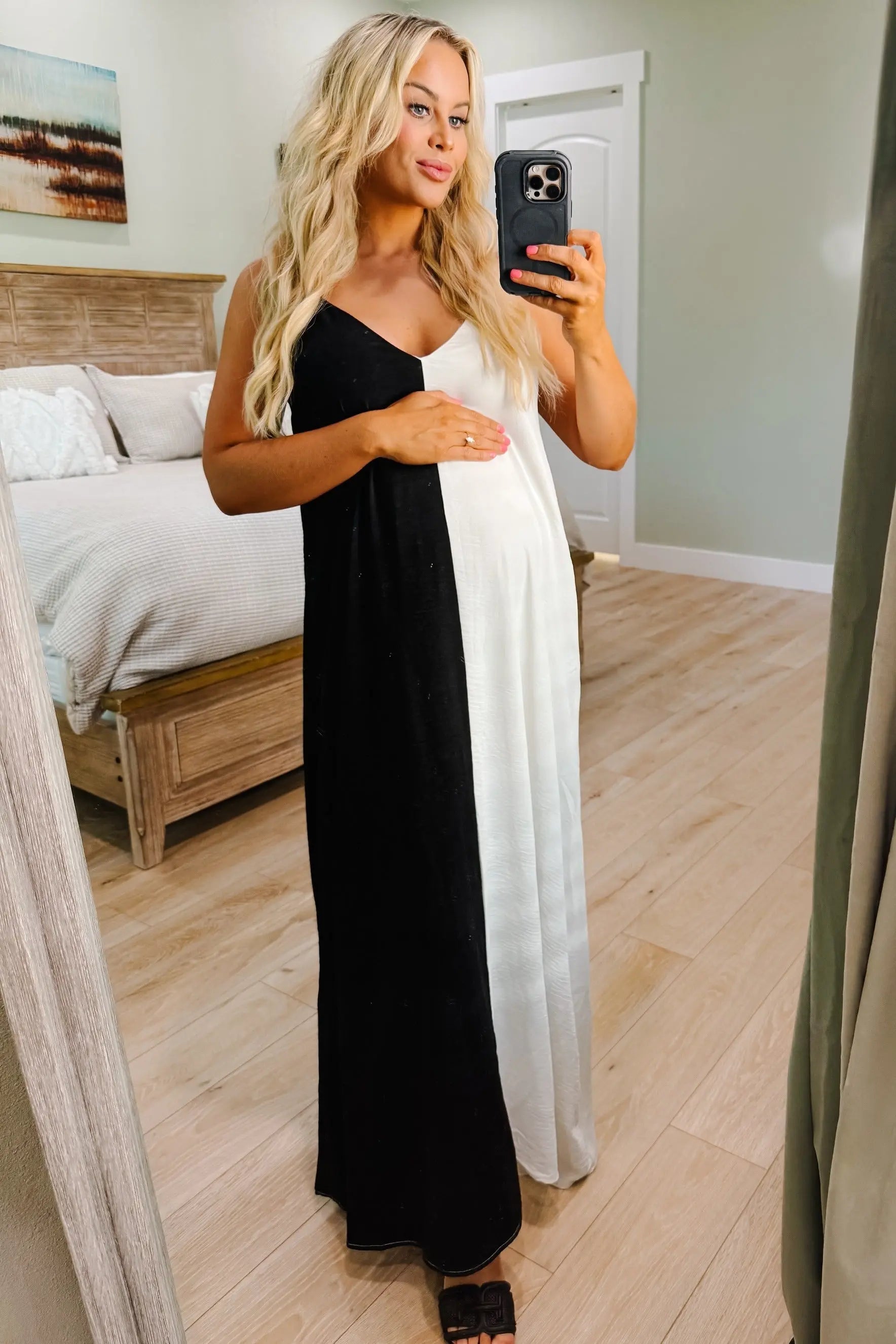 PinkBlush White Color Blocked V - Neck Maternity Maxi Dress - 