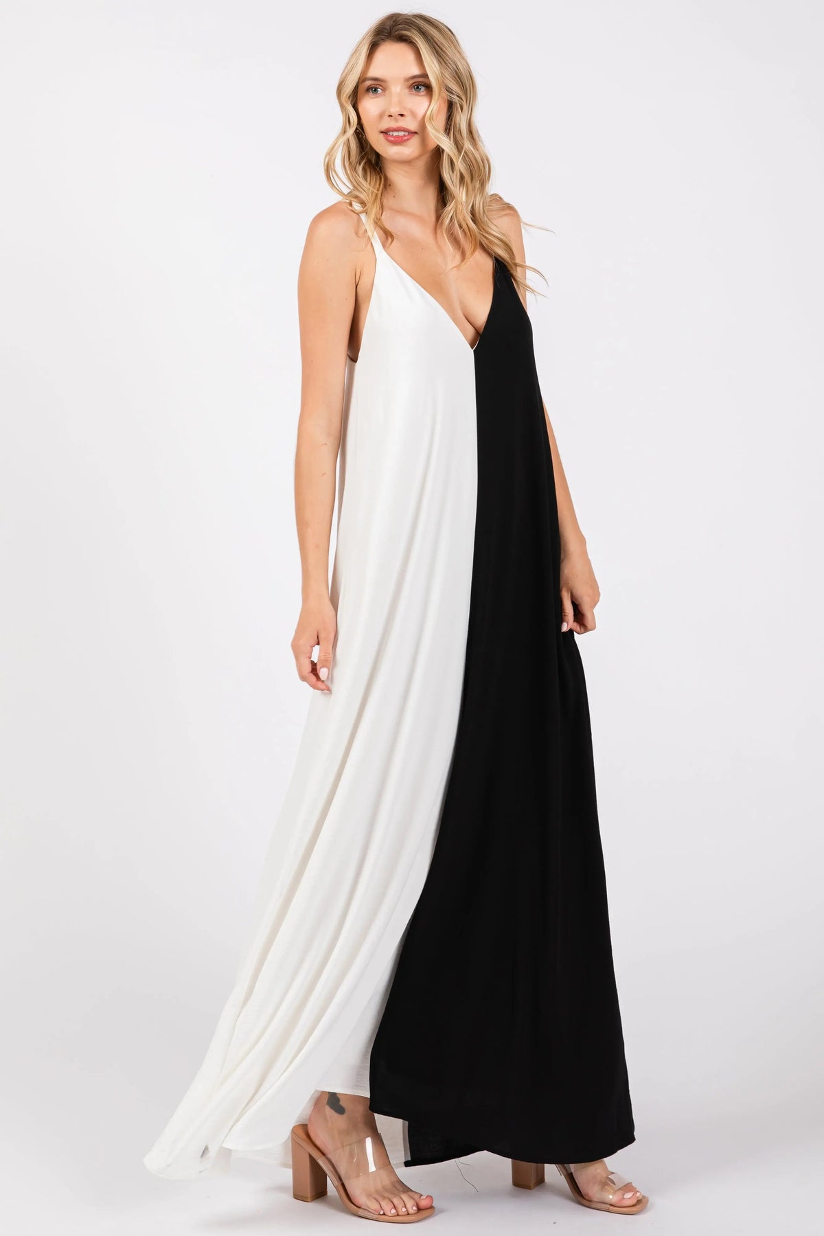 PinkBlush White Color Blocked V - Neck Maxi Dress - 