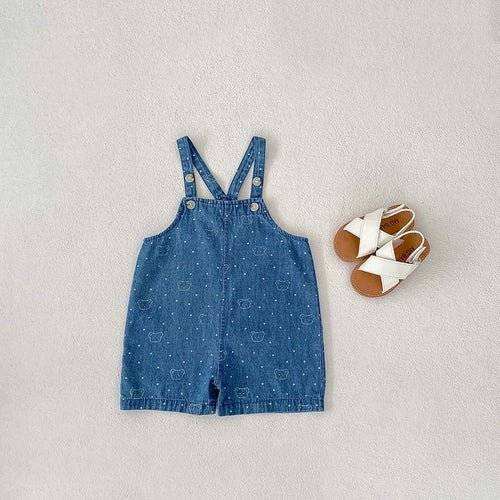 White Dots Denim Overalls with Straps and White Sandals.