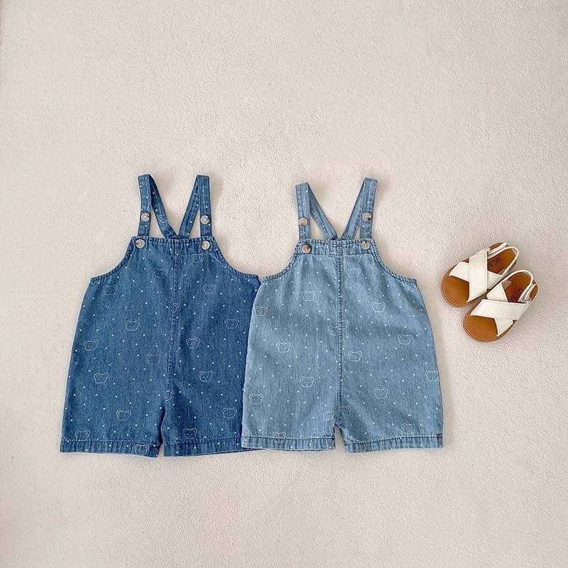 White Dots Denim Overalls with playful white dot pattern for versatile style.