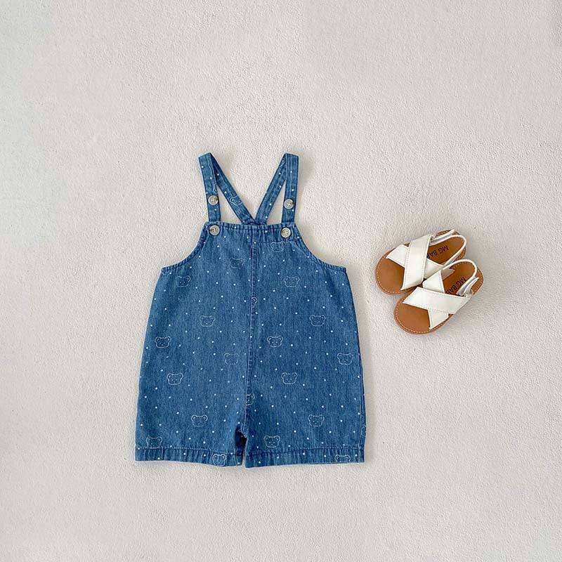 White Dots Denim Overalls with sandals on light background.