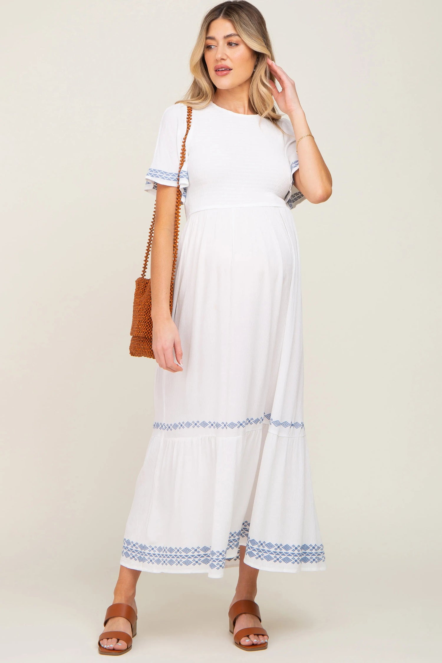 PinkBlush White Embroidered Accent Maternity Maxi Dress - 