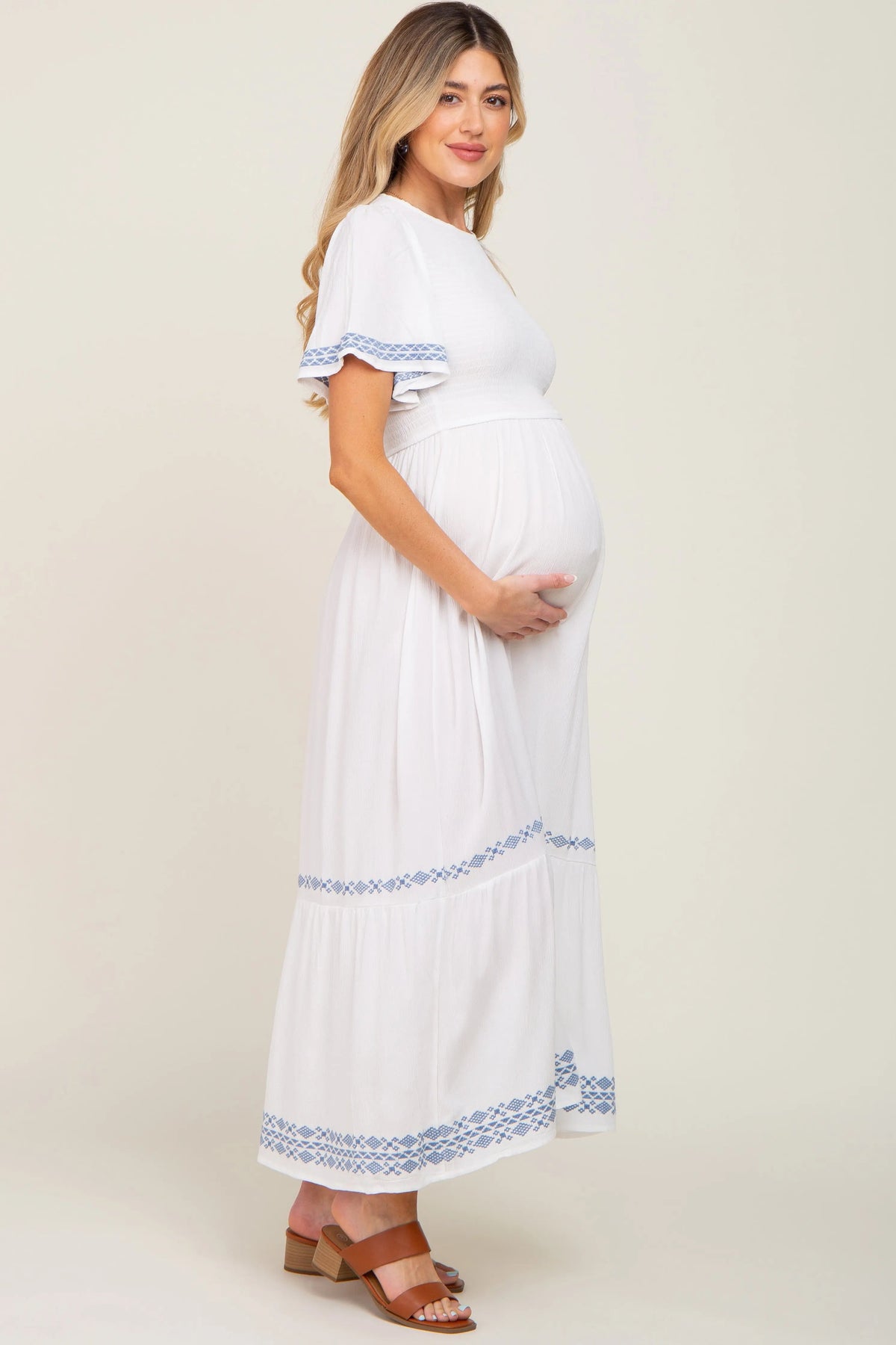 PinkBlush White Embroidered Accent Maternity Maxi Dress - 