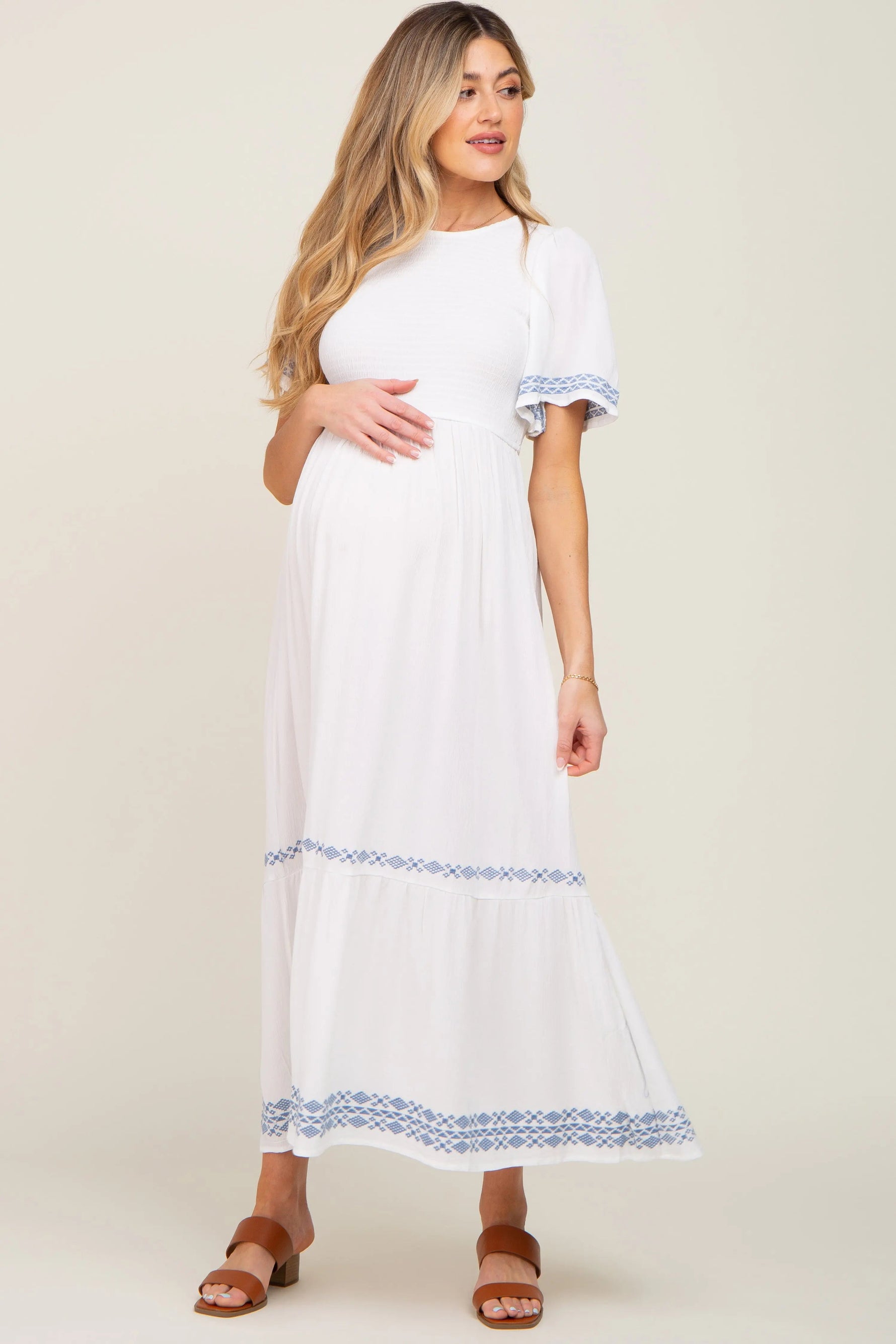 PinkBlush White Embroidered Accent Maternity Maxi Dress - 
