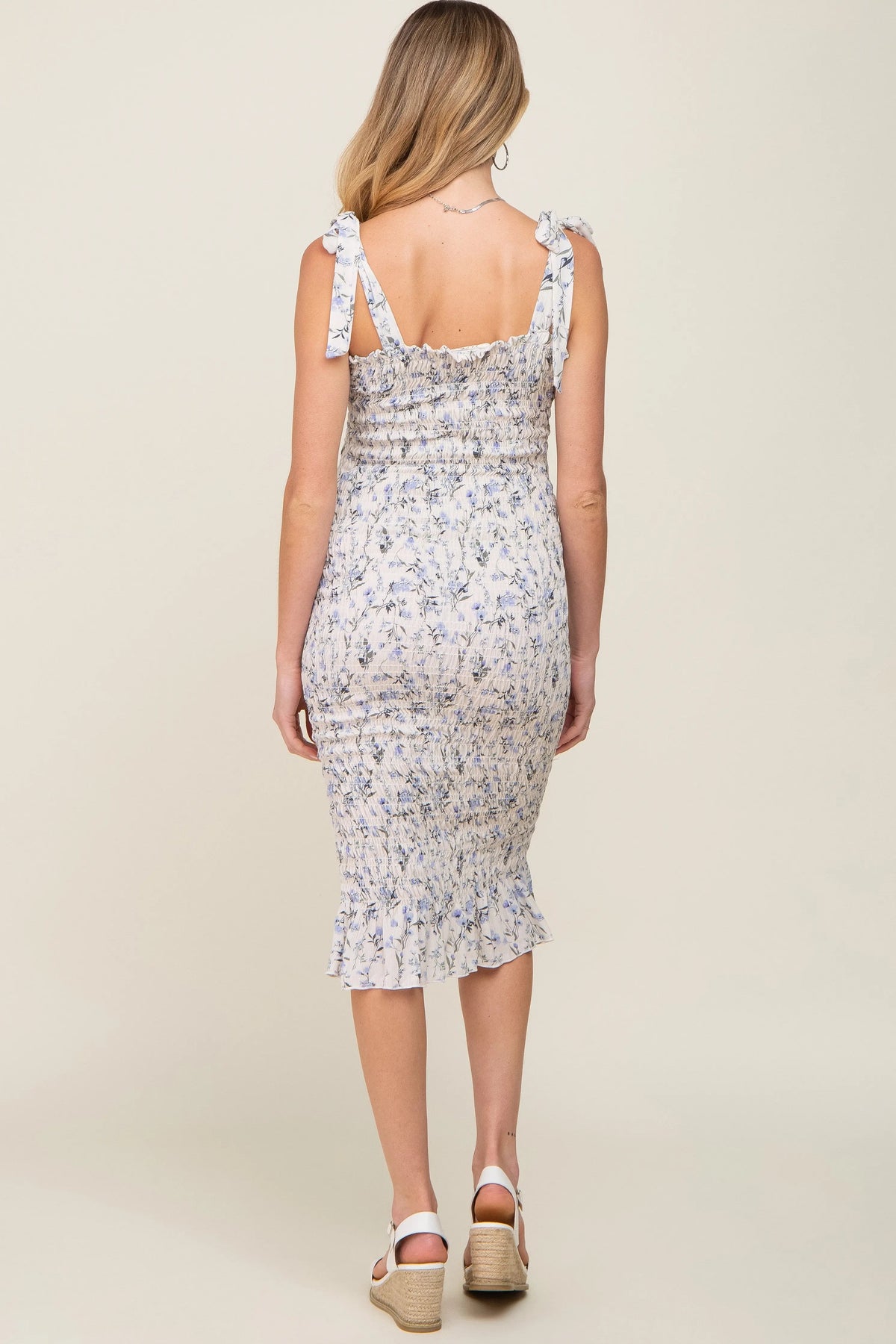 PinkBlush White Floral Smocked Fitted Maternity Dress - 