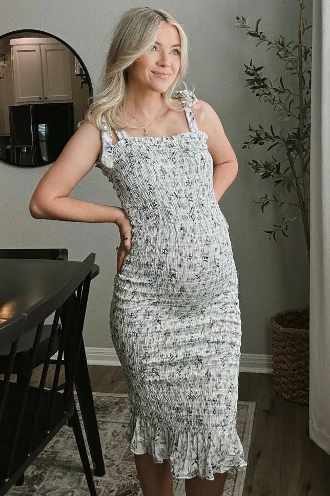 PinkBlush White Floral Smocked Fitted Maternity Dress - 