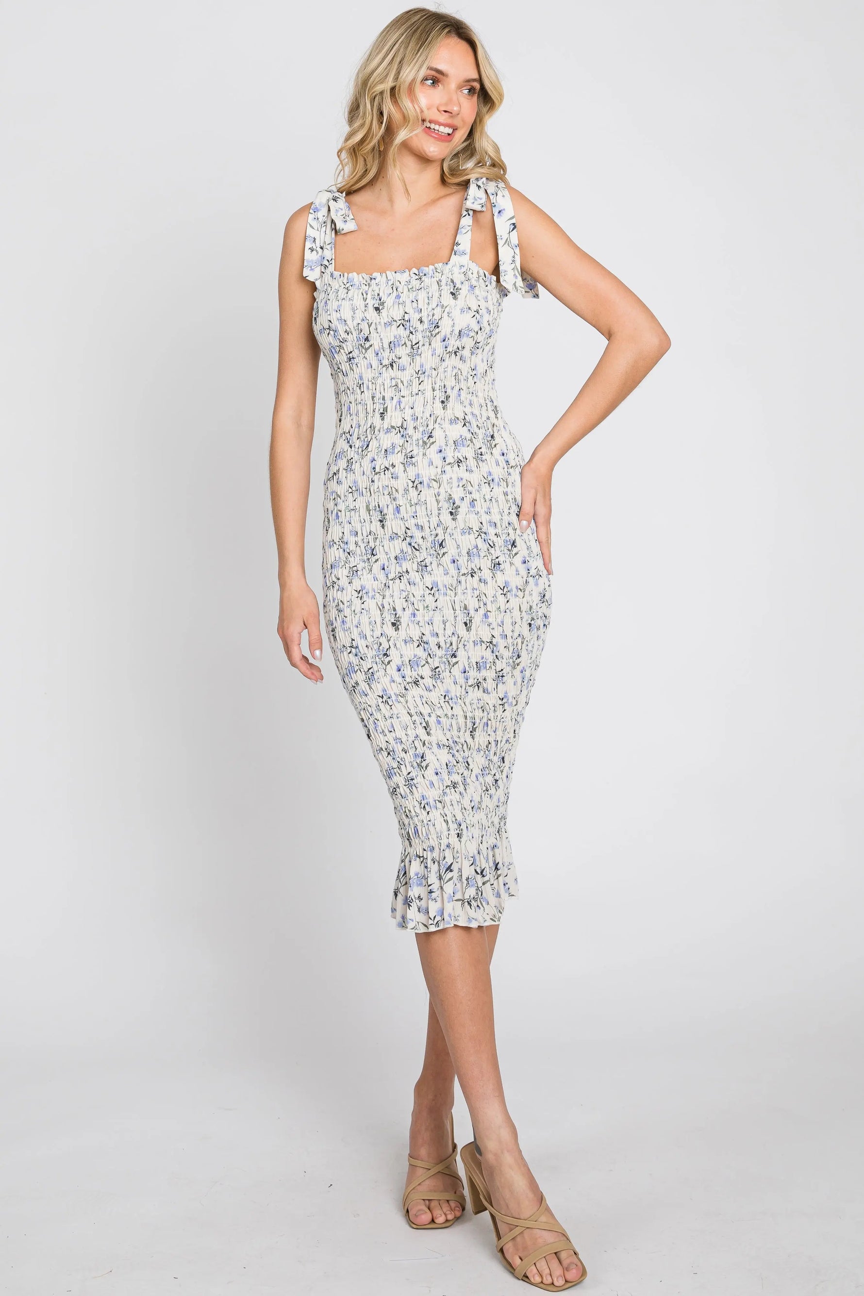 PinkBlush White Floral Smocked Fitted Maternity Dress - 