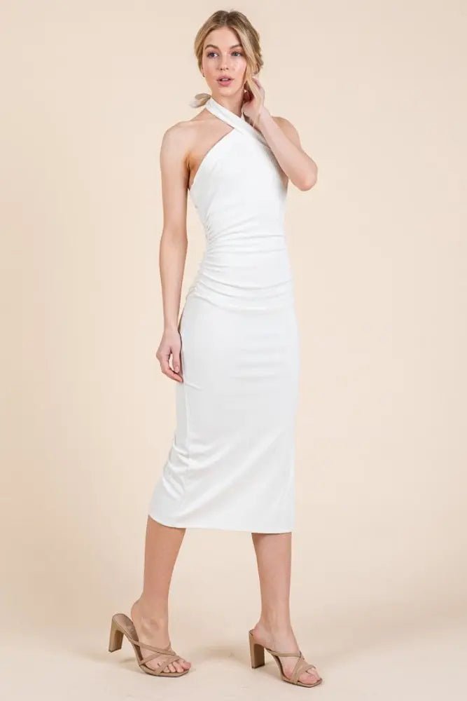 PinkBlush White Halter Tied Criss - Cross Ribbed Midi Dress - 