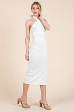 PinkBlush White Halter Tied Criss - Cross Ribbed Midi Dress - 