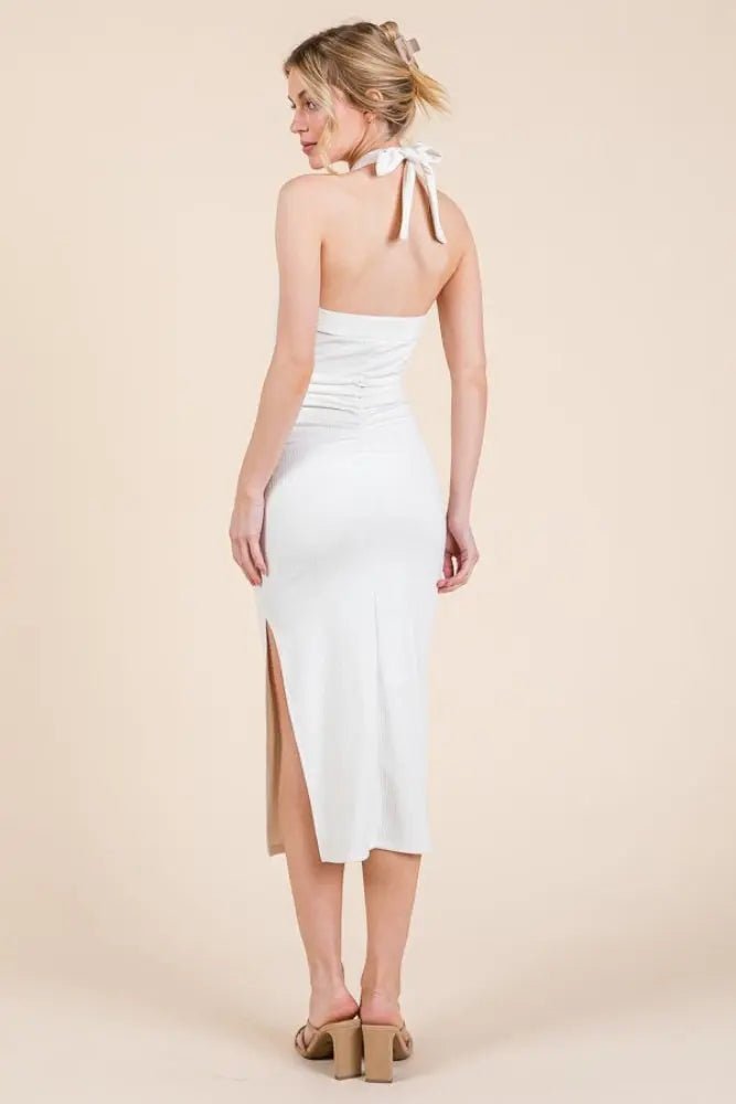 PinkBlush White Halter Tied Criss - Cross Ribbed Midi Dress - 