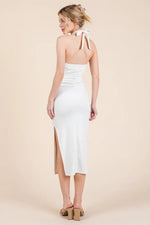PinkBlush White Halter Tied Criss - Cross Ribbed Midi Dress - 
