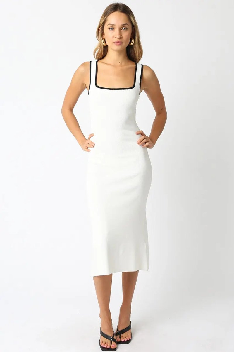 PinkBlush White Knit Midi Dress With Contrast Trim Square Neck - Everetts Place Boutique - 