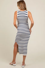 PinkBlush White Navy Striped Knit Sleeveless Side Slit Maternity Midi Dress - 
