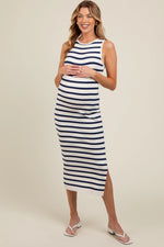 PinkBlush White Navy Striped Knit Sleeveless Side Slit Maternity Midi Dress - 