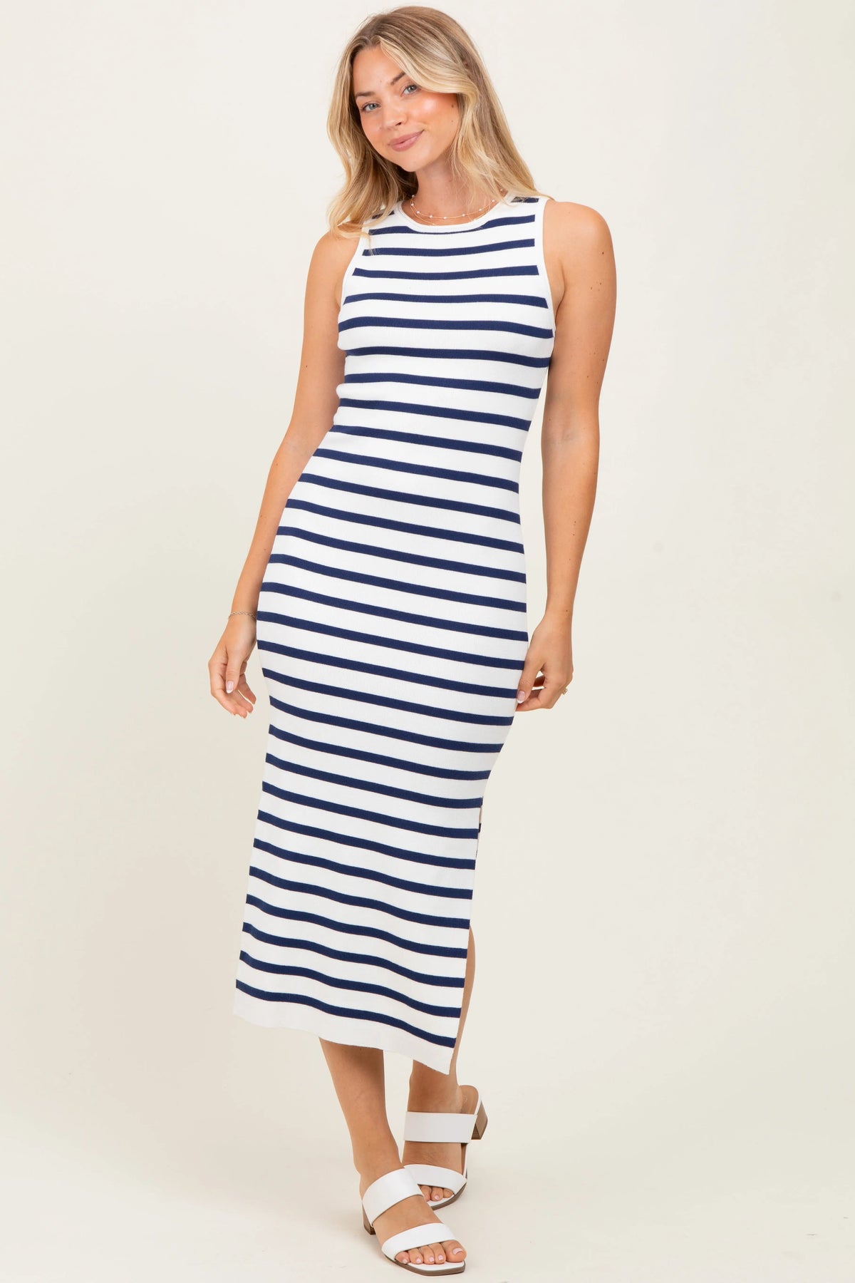 PinkBlush White Navy Striped Knit Sleeveless Side Slit Maternity Midi Dress - 
