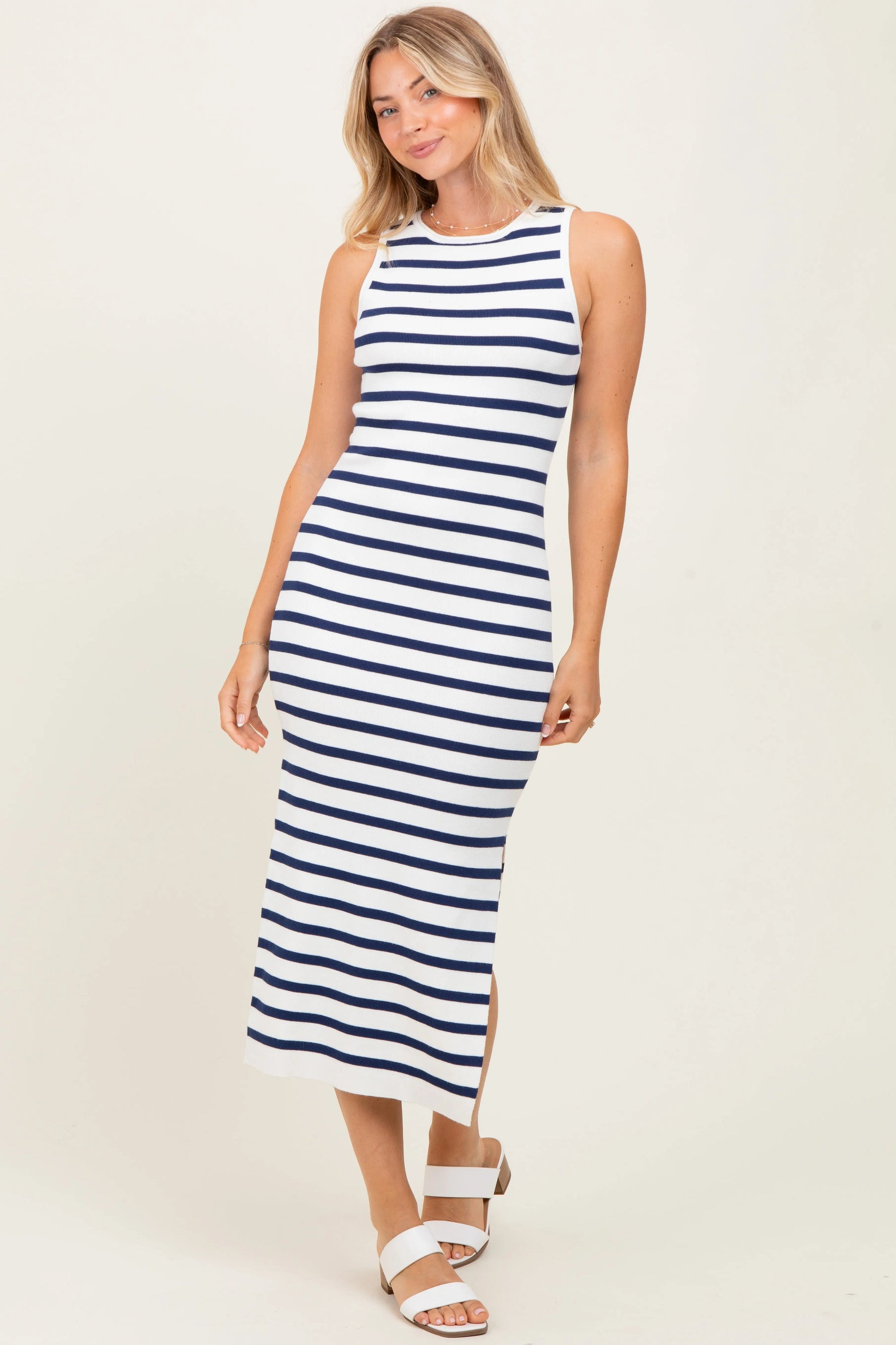 PinkBlush White Navy Striped Knit Sleeveless Side Slit Maternity Midi Dress - 