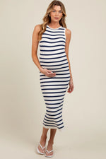 PinkBlush White Navy Striped Knit Sleeveless Side Slit Maternity Midi Dress - 