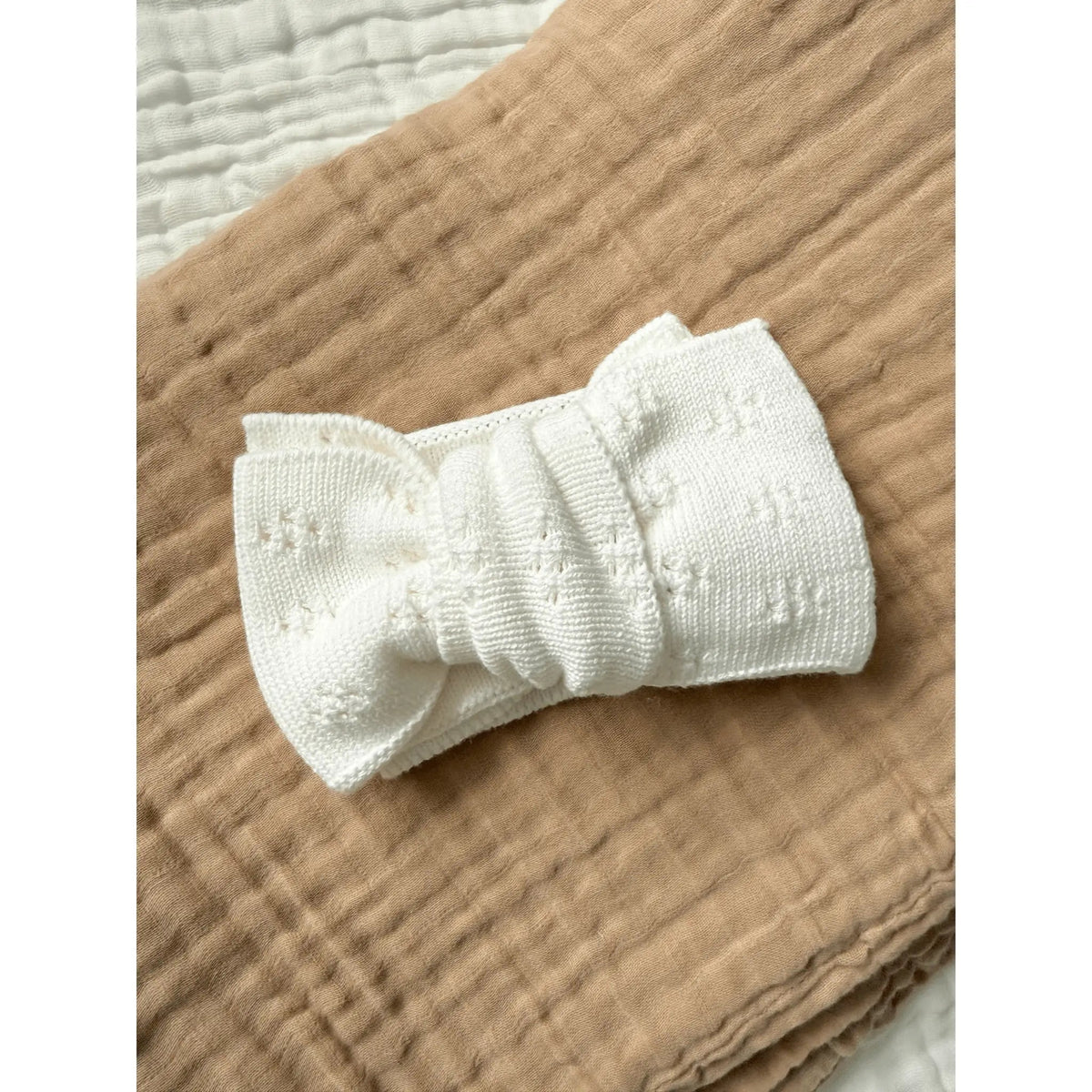 Harp Angel Boutique White Organic Cotton Pointelle Oversized Bow Baby Headband - 
