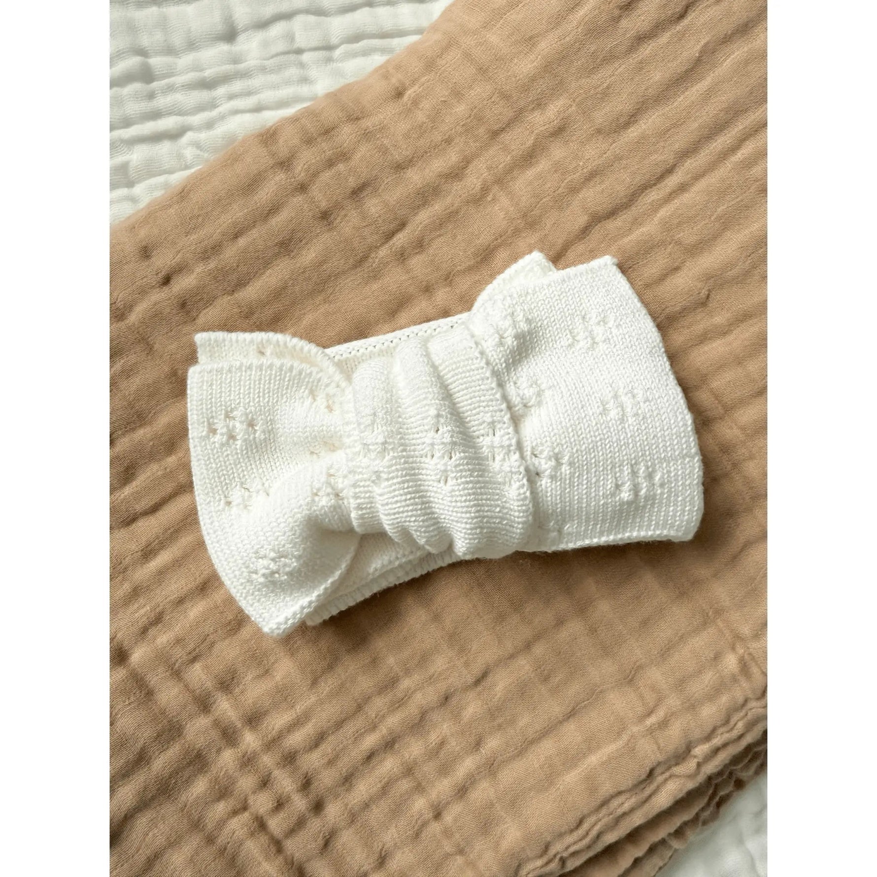 Harp Angel Boutique White Organic Cotton Pointelle Oversized Bow Baby Headband - 