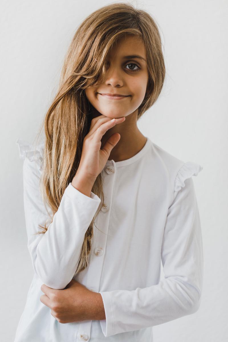 White Ruffle Cardigan - Sleeve, Neck, Portrait photography, Child, Child model | Everetts Place
