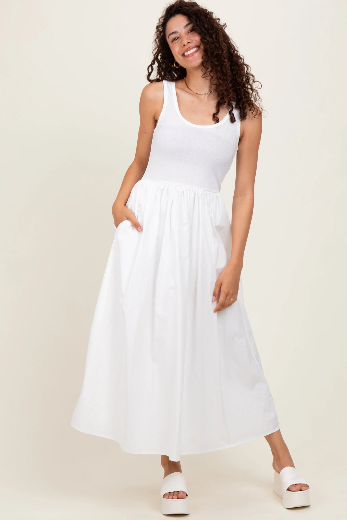 PinkBlush White Scoop Neck Contrast Skirt Maternity Maxi Dress - 