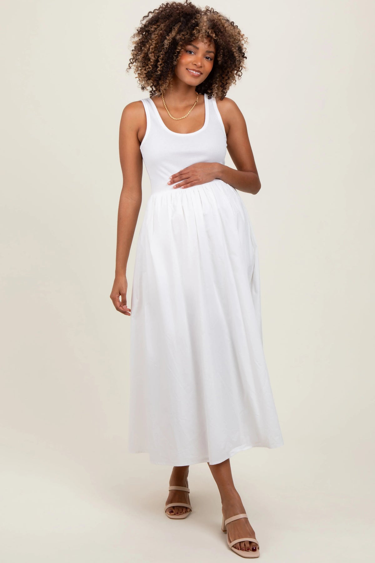 PinkBlush White Scoop Neck Contrast Skirt Maternity Maxi Dress - 