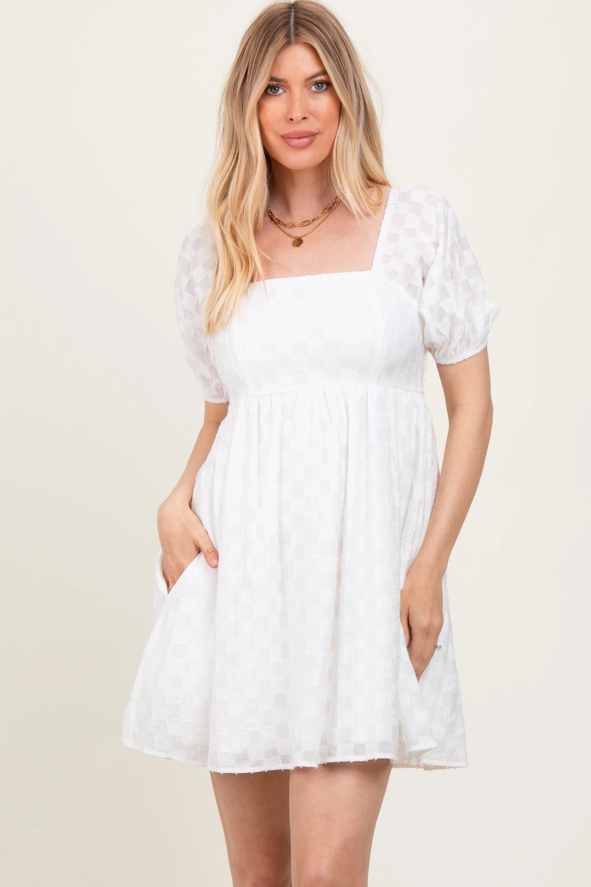 PinkBlush White Smocked Back Textured Babydoll Mini Dress - 