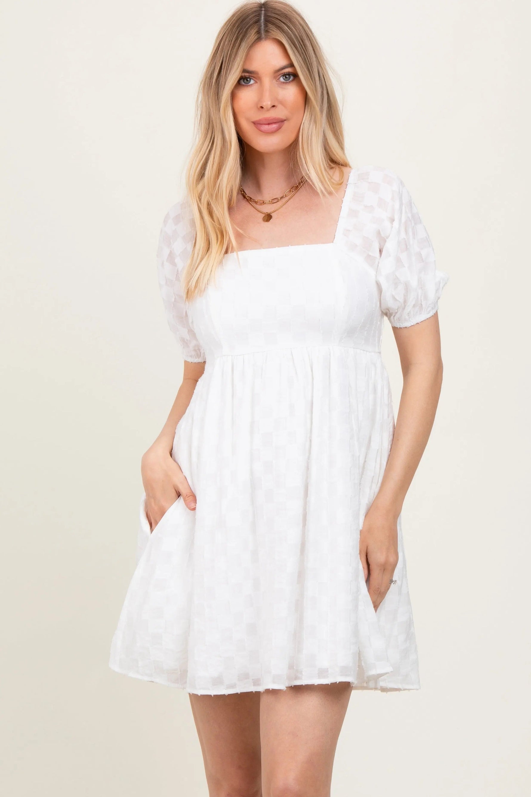 PinkBlush White Smocked Back Textured Babydoll Mini Dress - 