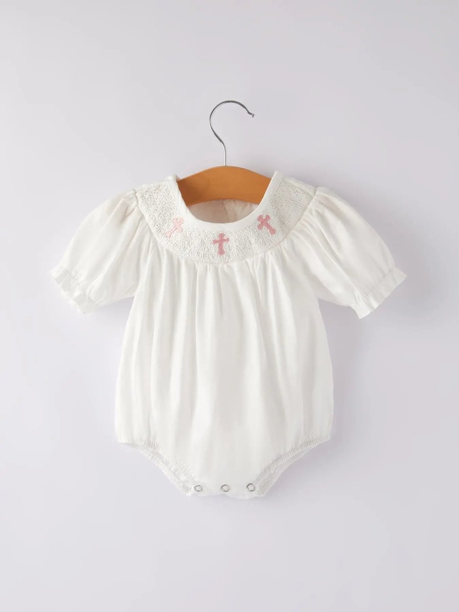 Rylee Faith Designs White Smocked Church Christ Bishop Christening Girls Romper - Everetts Place Boutique - 