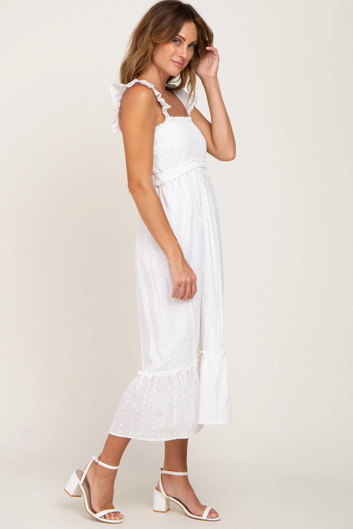 PinkBlush White Smocked Textured Midi Dress - 