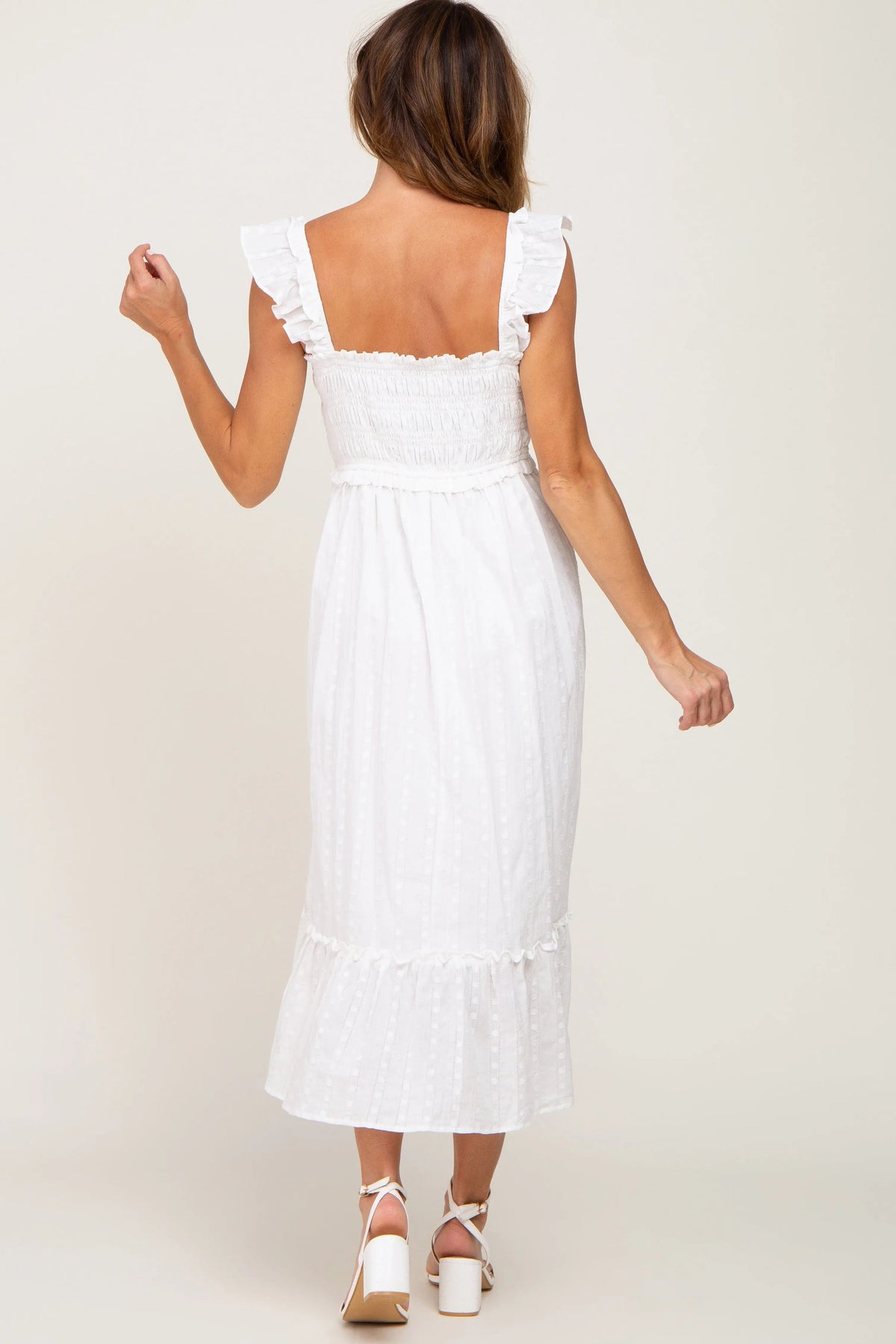 PinkBlush White Smocked Textured Midi Dress - 