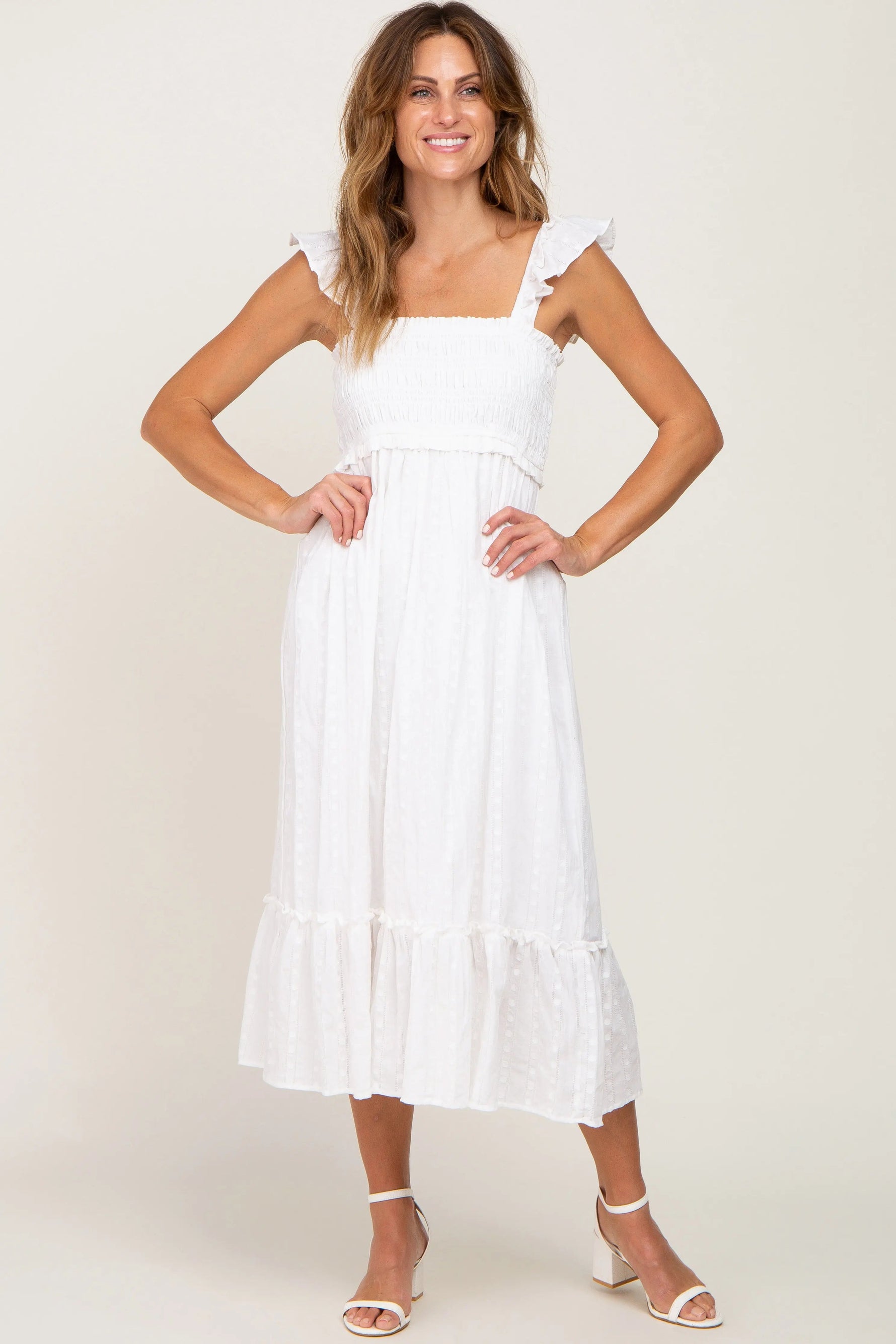 White Smocked Textured Midi Dress - One-piece garment, Day Dress, Dress, Waist, Cocktail dress | Everetts Place