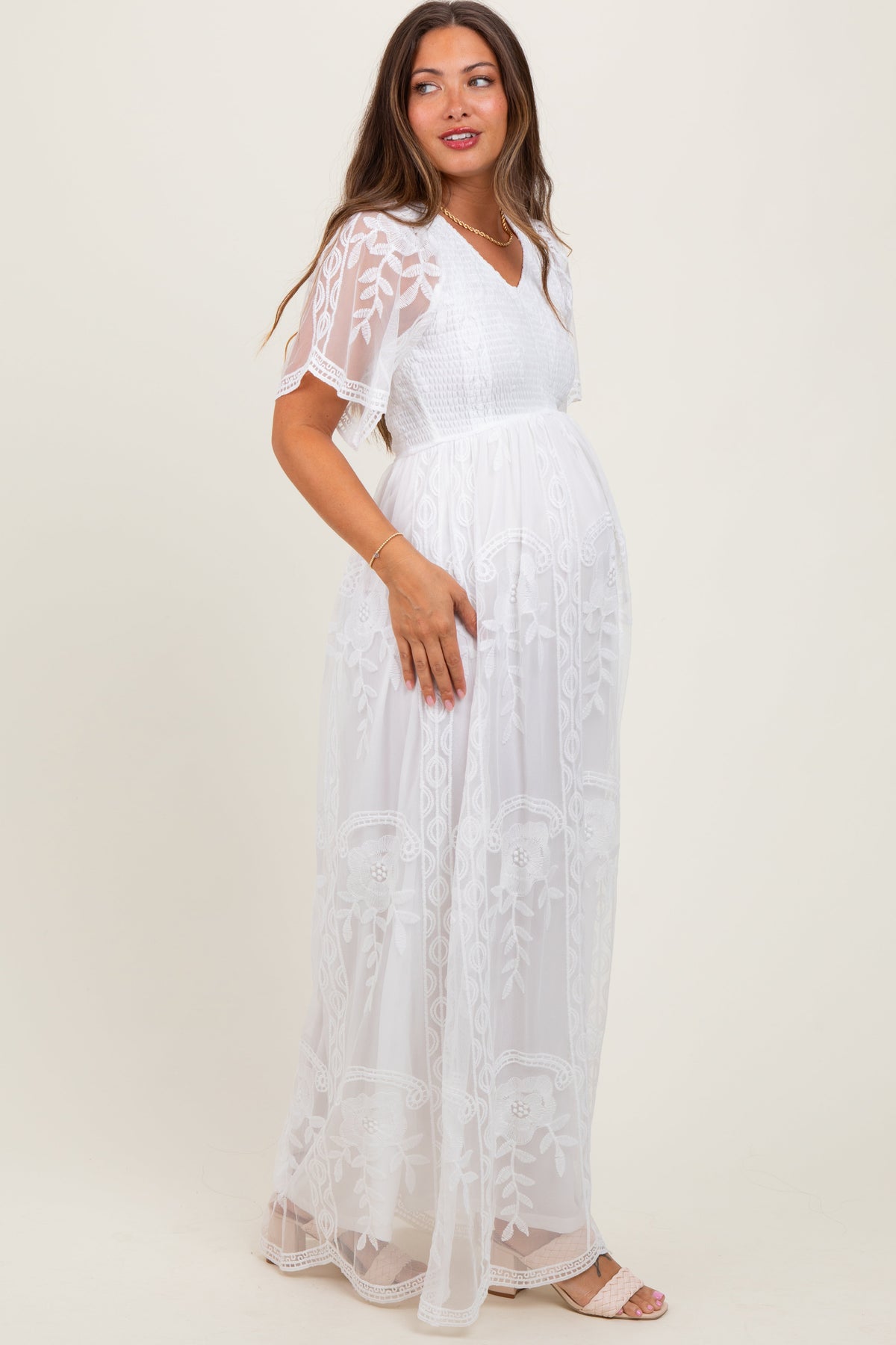 PinkBlush White Smocked Top Lace Maternity Maxi Dress