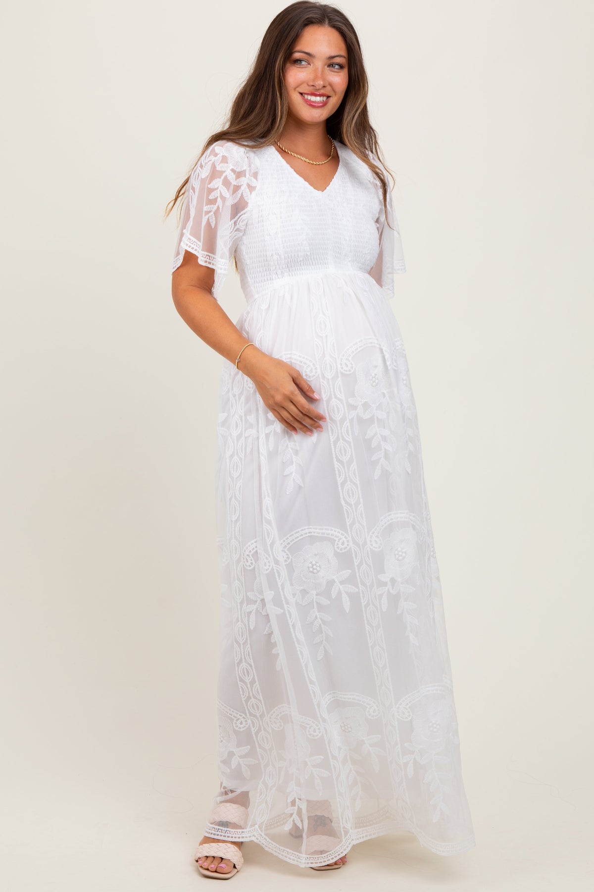 PinkBlush White Smocked Top Lace Maternity Maxi Dress