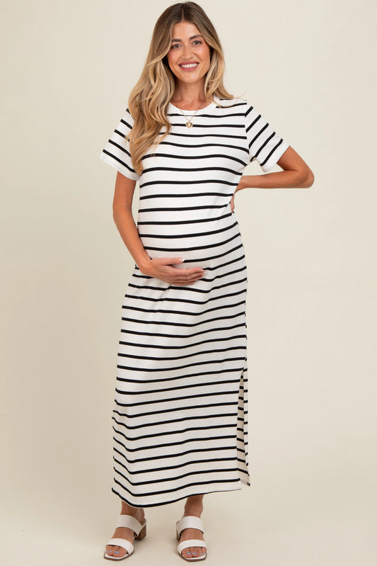White Striped Side Slit Maternity Maxi Dress by PinkBlush PinkBlush