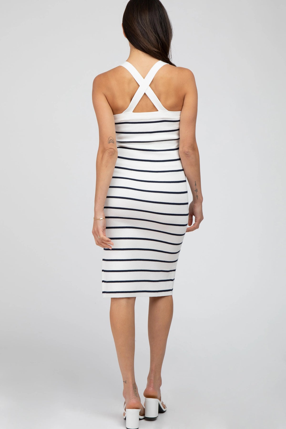 PinkBlush White Striped Side Slit Midi Dress - 