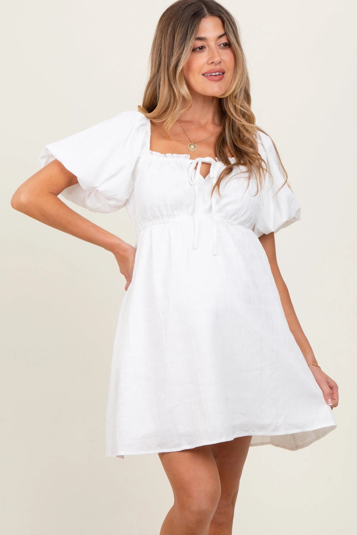 PinkBlush White Textured Bubble Sleeve Maternity Mini Dress - 