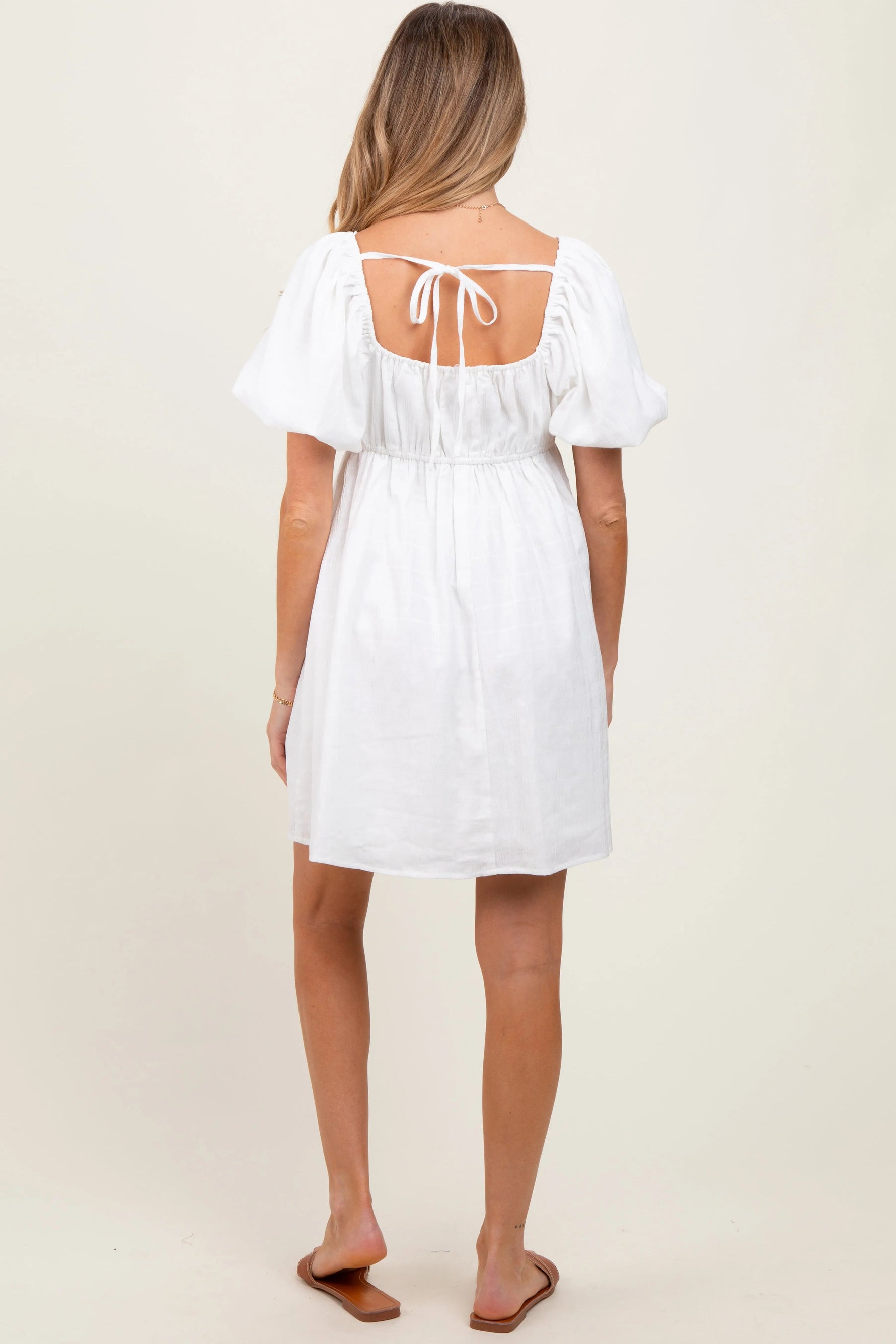 PinkBlush White Textured Bubble Sleeve Maternity Mini Dress - 