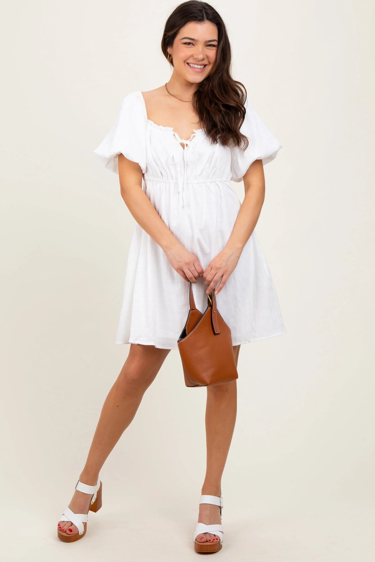 PinkBlush White Textured Bubble Sleeve Maternity Mini Dress - 