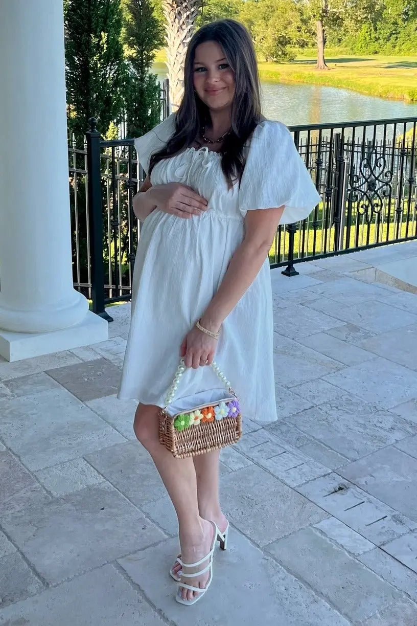 PinkBlush White Textured Bubble Sleeve Maternity Mini Dress - 